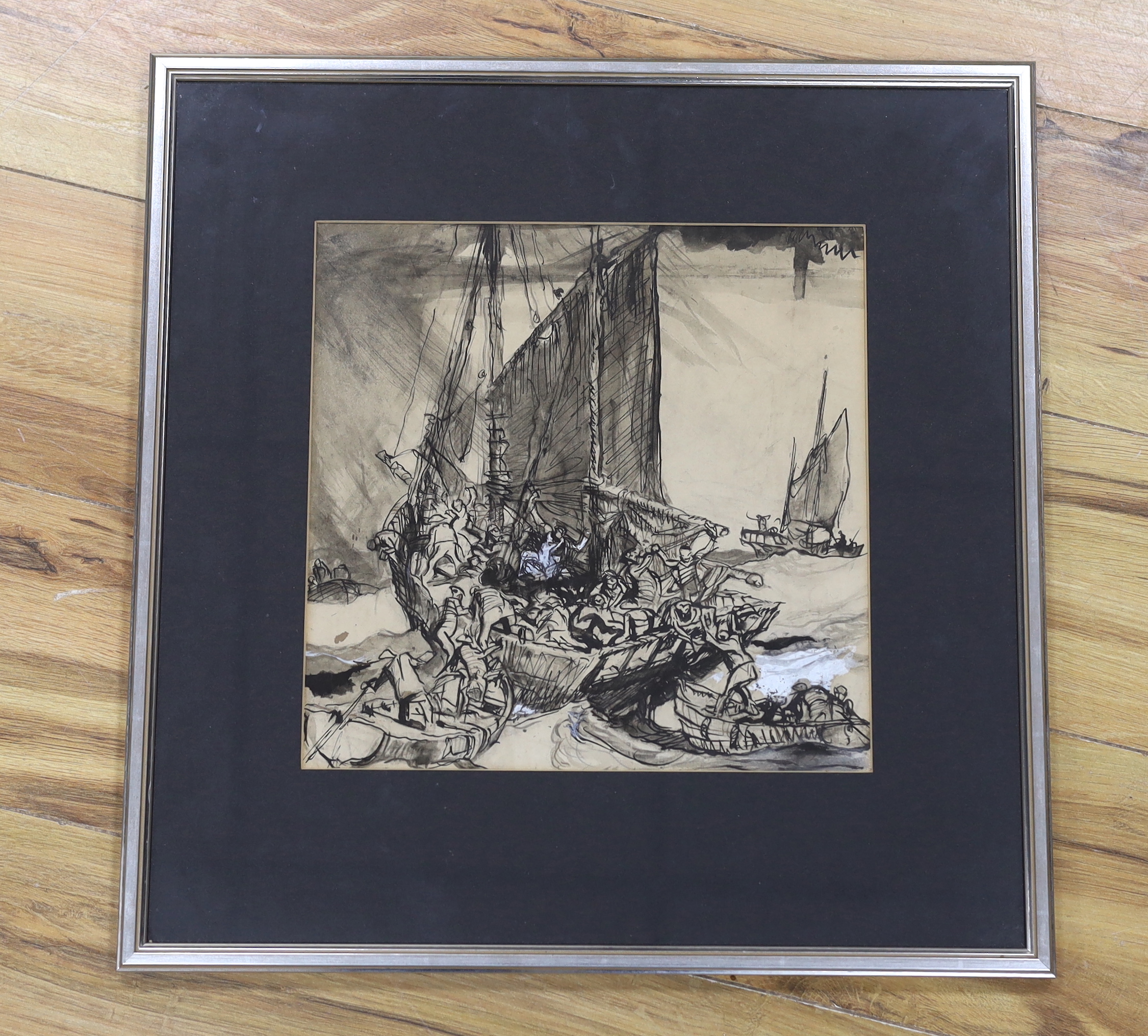 Attributed to Frank Brangwyn (1867-1956), pen, ink and wash, Fisherman and boats, unsigned, 28 x 28cm